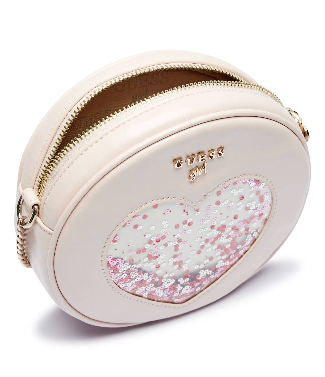 Borsetta rotonda Guess bambina rosa con cuore e paillettes