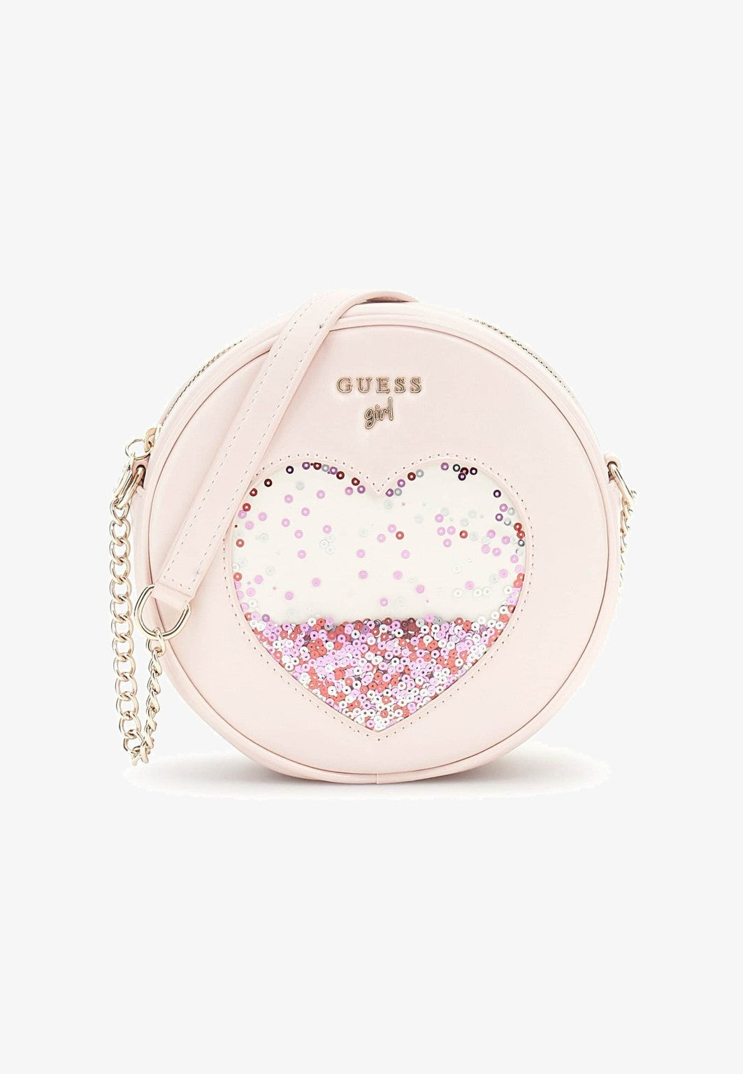 Borsetta rotonda Guess bambina rosa con cuore e paillettes