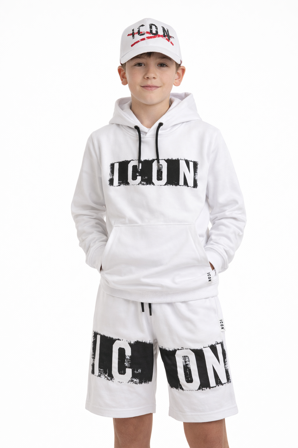 Felpa ICON con cappuccio ragazzo 8-16 anni – bianca con logo frontale