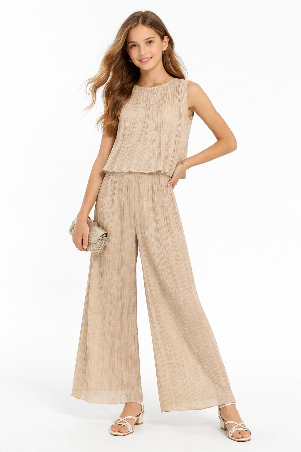 Completo Guess ragazza top e pantalone plissé – beige luminoso