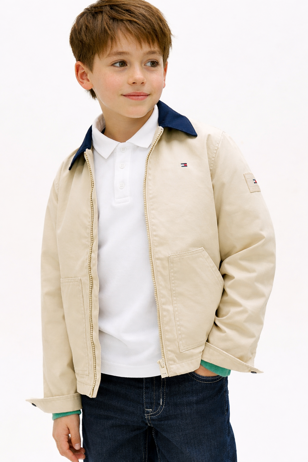 Giacca Tommy Hilfiger ragazzo  beige con colletto blu – 8/16 anni