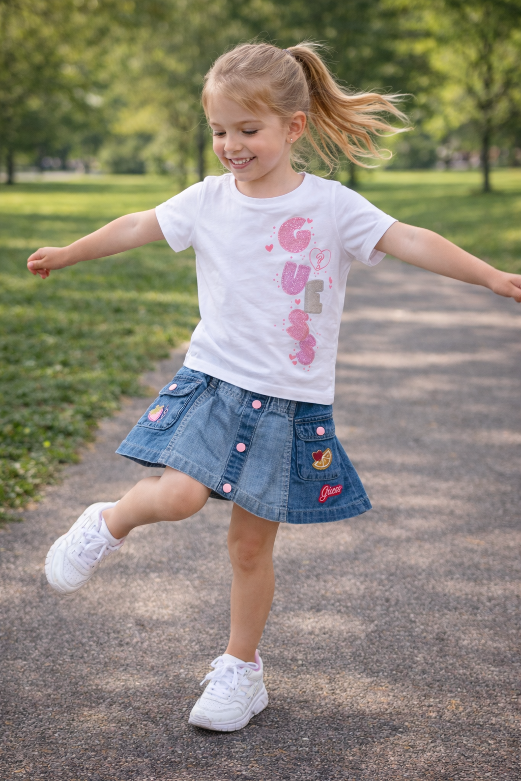 Gonna in jeans Guess bambina con bottoni rosa e patch – 3/7 anni