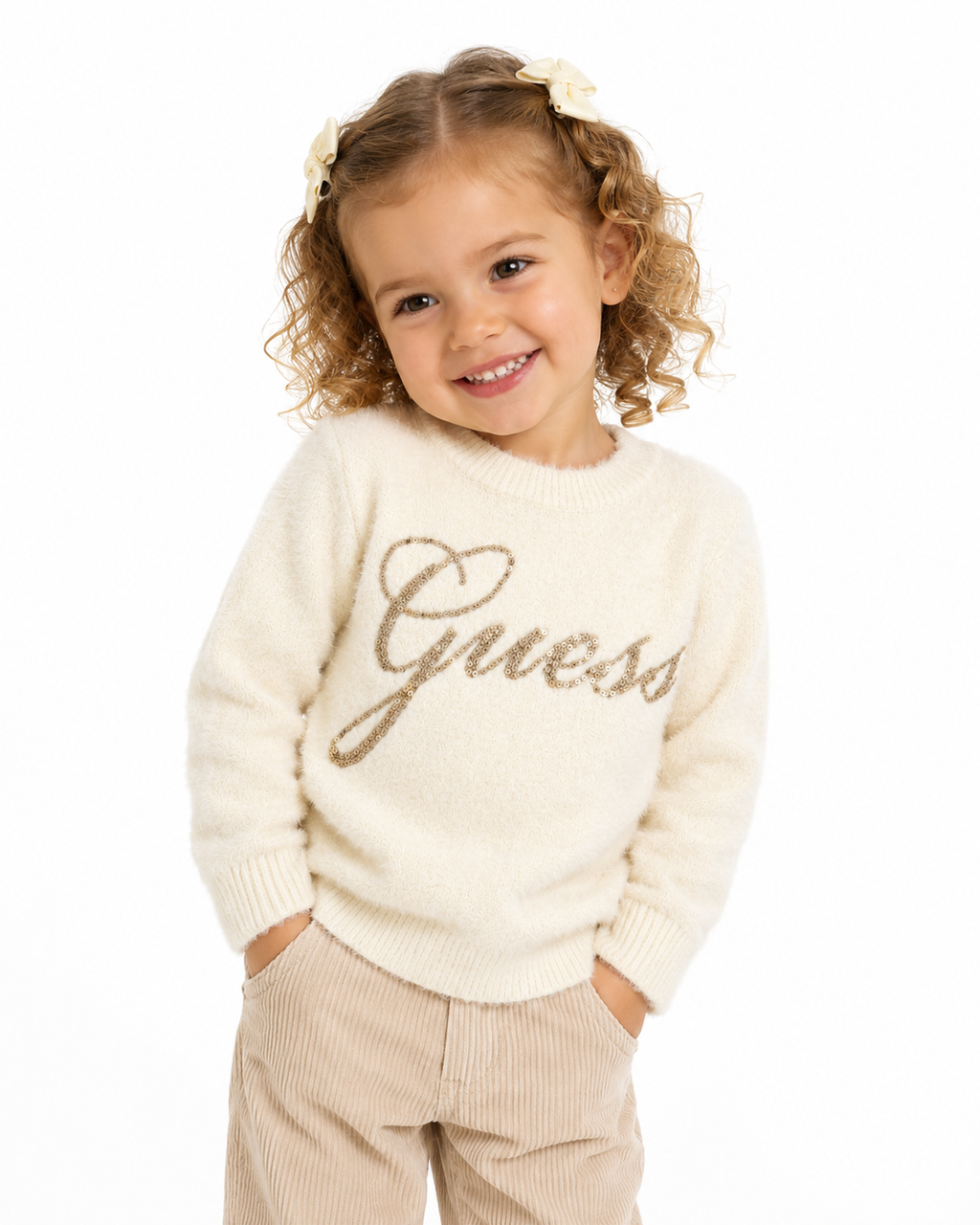 Maglioncino Guess bambina effetto peluche con logo paillettes