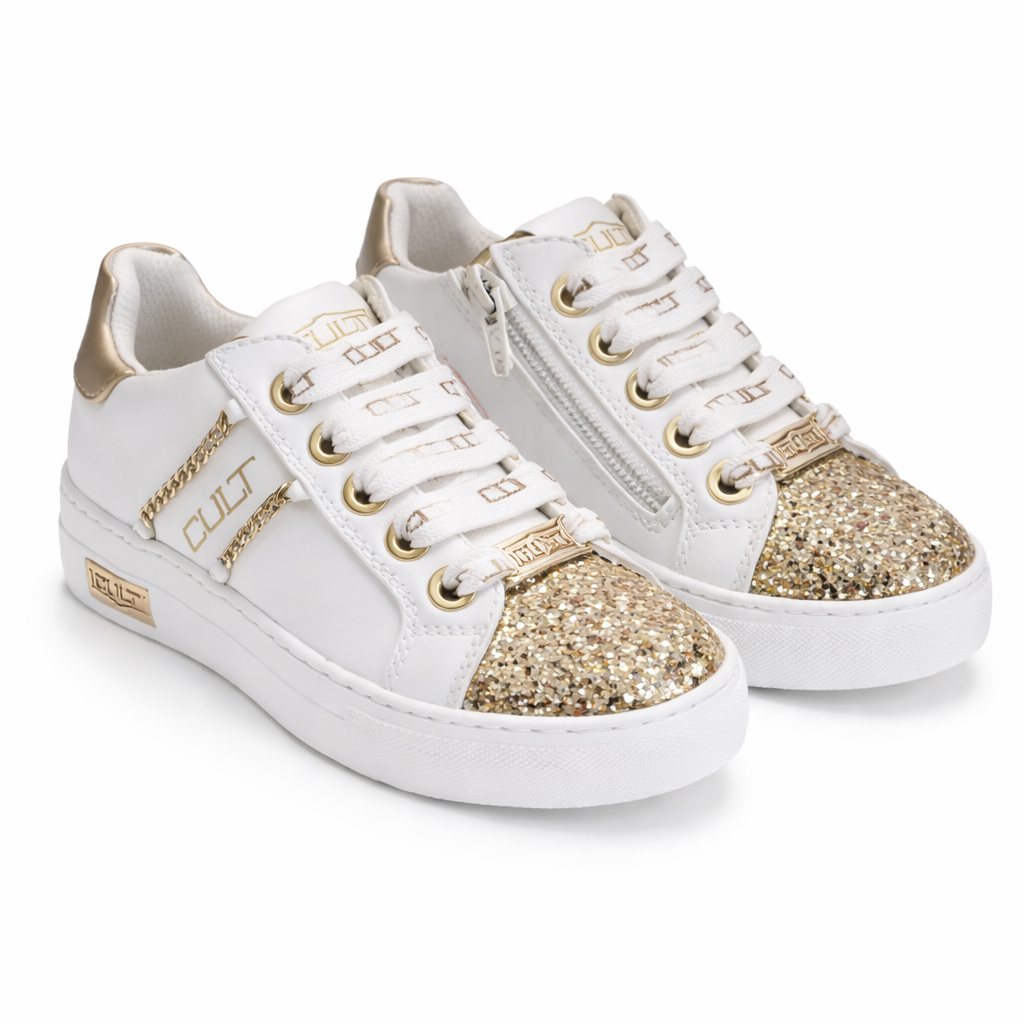 Sneakers junior CULT bianche con punta glitter oro – zip laterale – dal 31 al 38