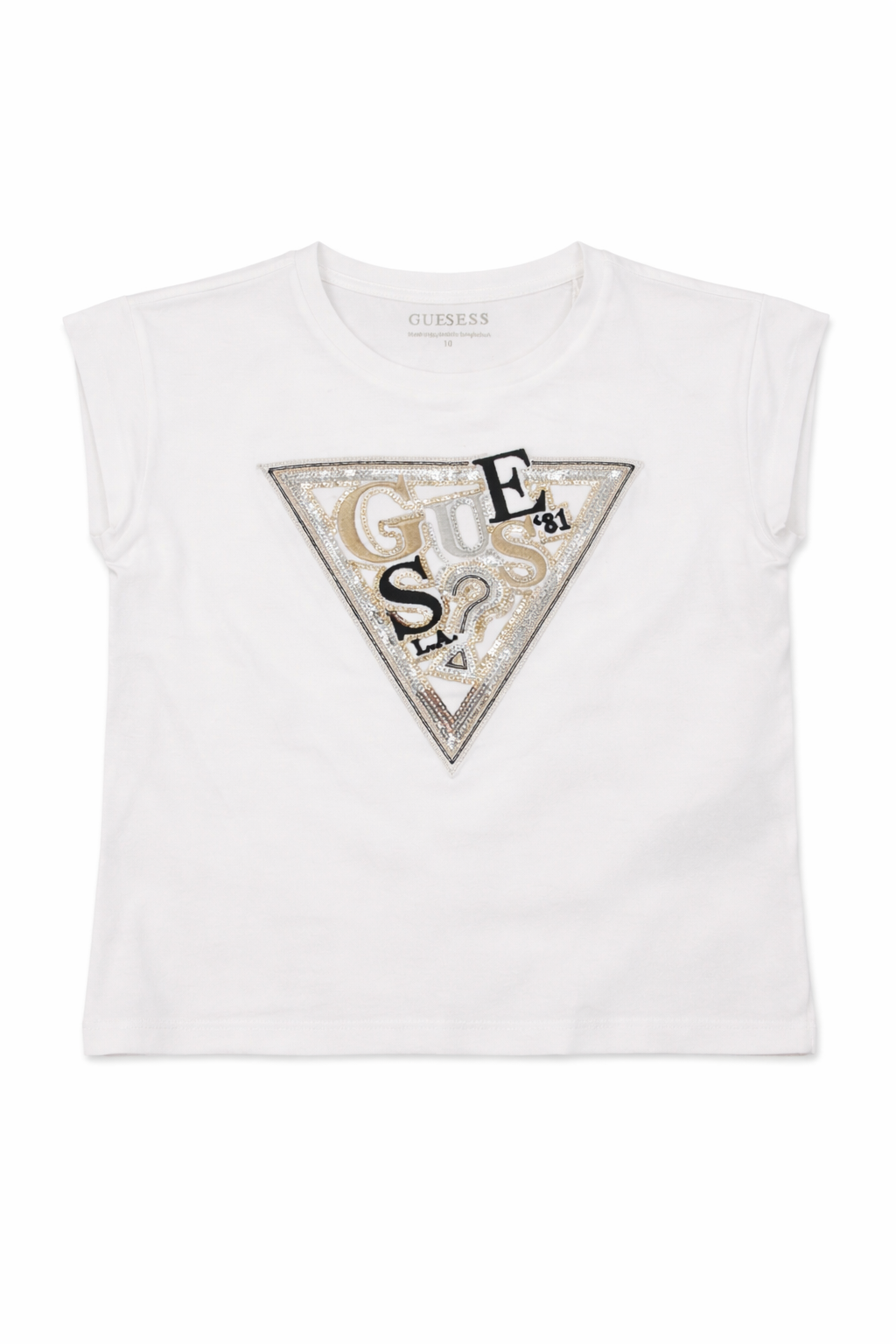 T-shirt GUESS ragazza bianca con logo triangolo ricamato e paillettes