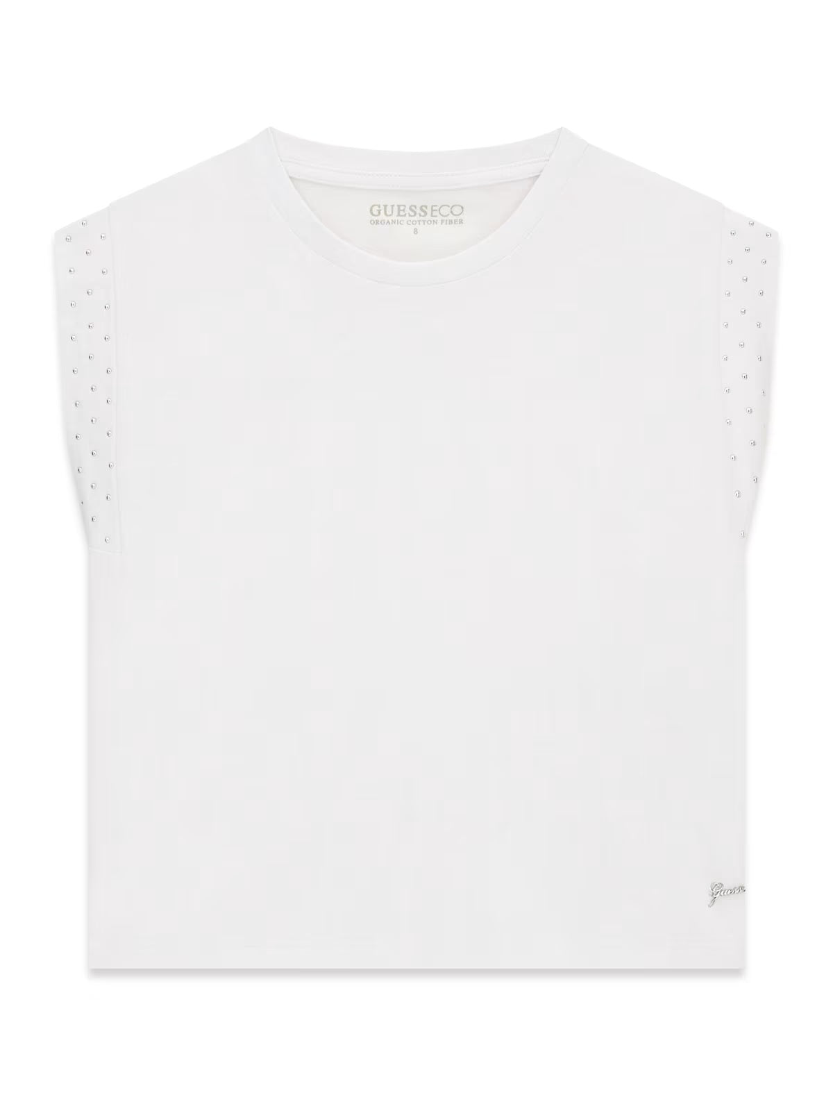 T-shirt Guess ragazza con strass sulle spalle – Bianco/Nero