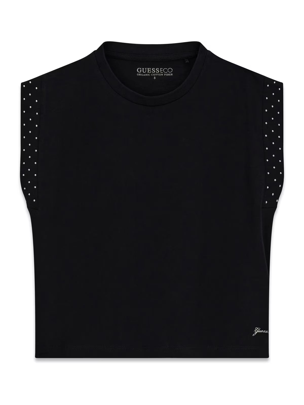 T-shirt Guess ragazza con strass sulle spalle – Bianco/Nero
