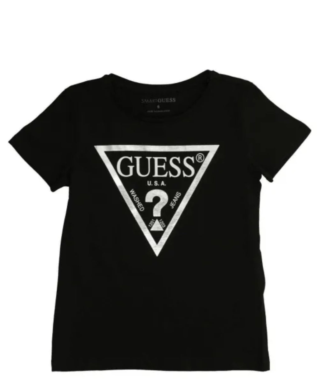 T-shirt Guess ragazza nera con logo triangolo argento