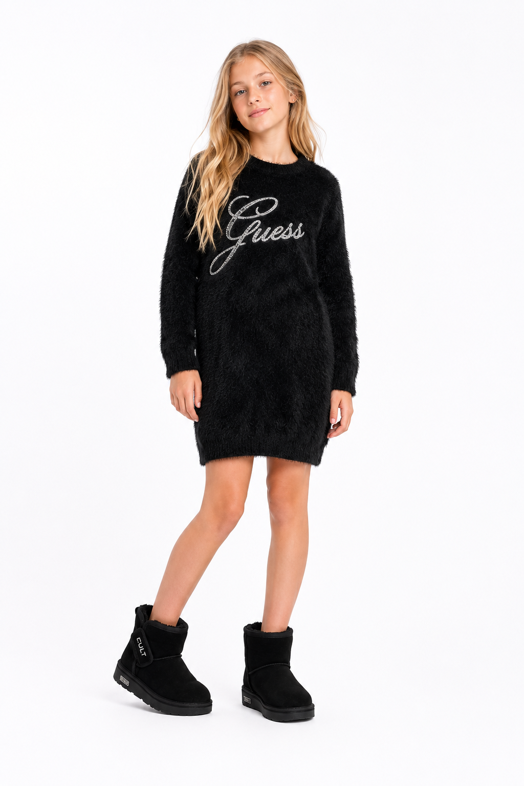 Abito Guess nero effetto peluche con logo paillettes | 12-14 anni | Nuova Collezione Autunno Inverno