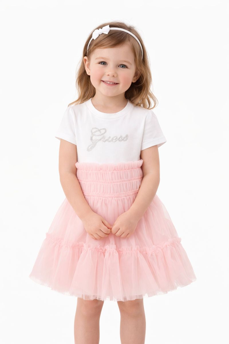 Vestito Guess bambina con tulle rosa e logo strass
