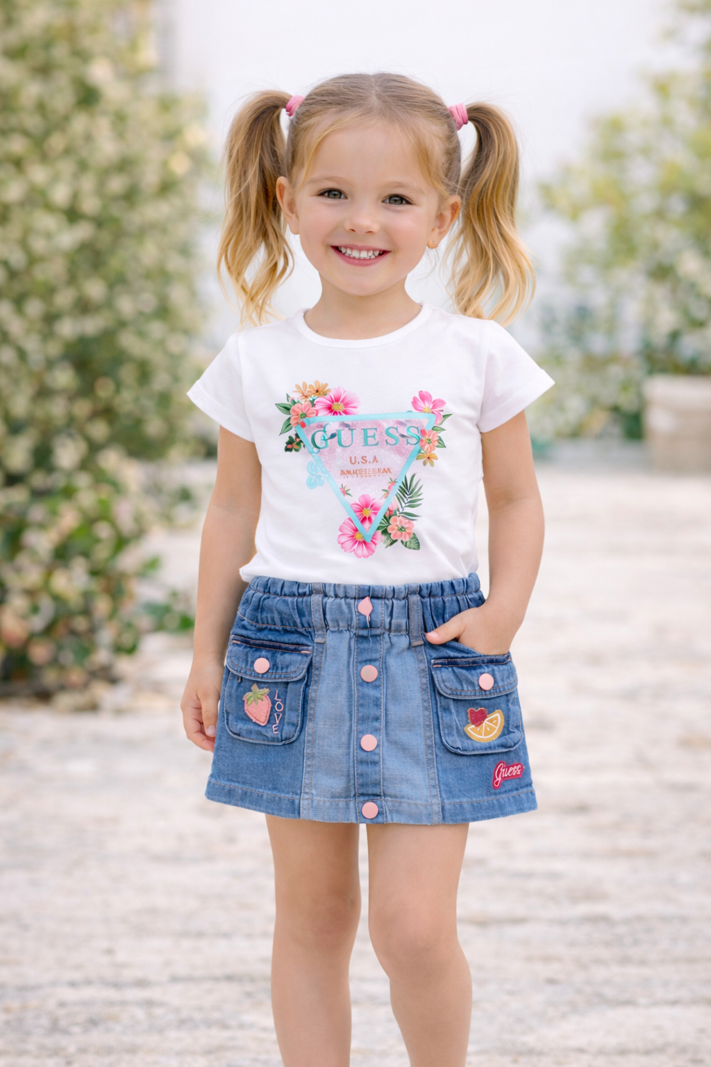 T-shirt bambina Guess in cotone stretch con stampa logo e motivo floreale – 3/7 anni