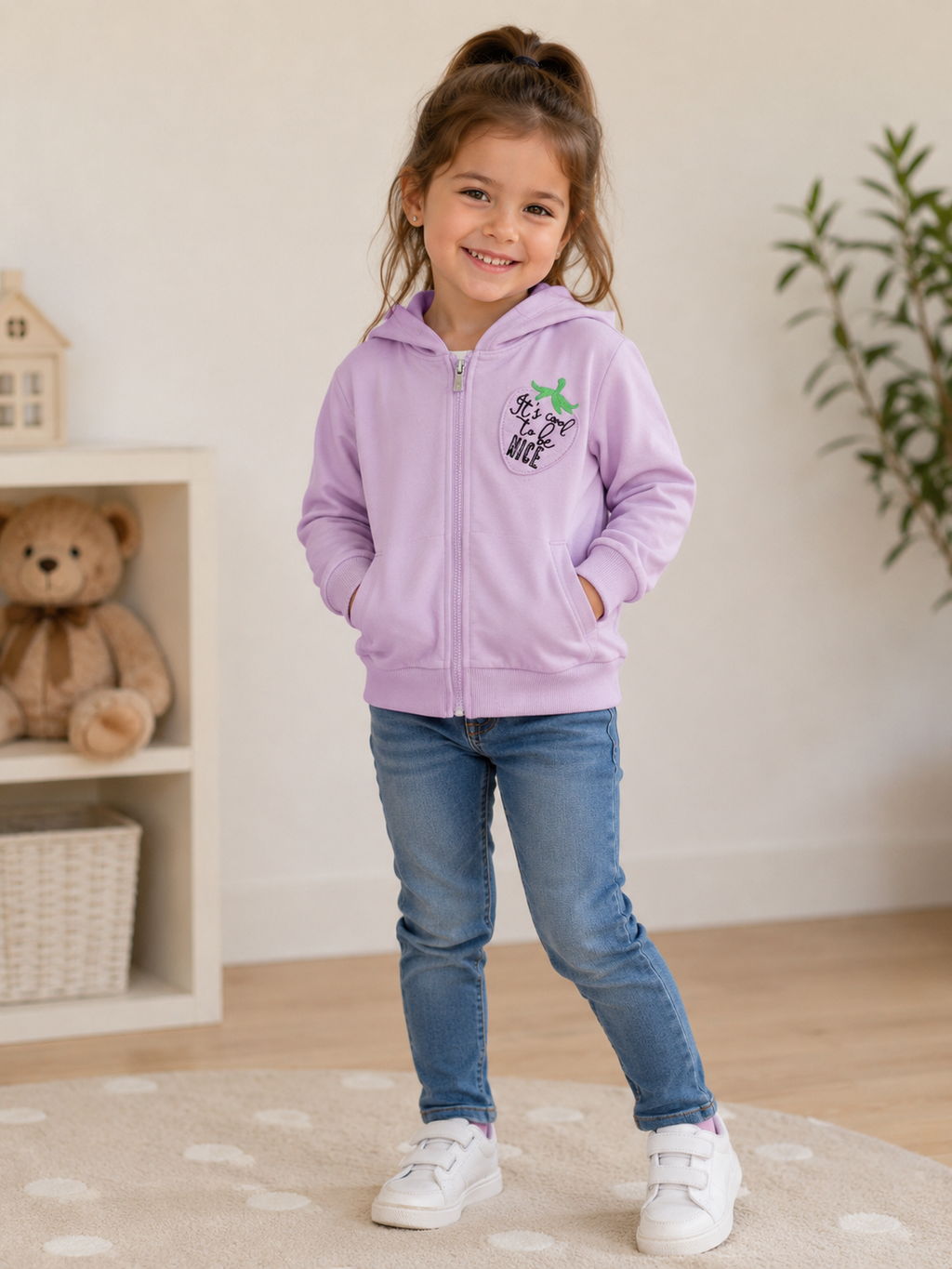 Felpa garzata con zip e cappuccio bambina 3-8 anni in cotone