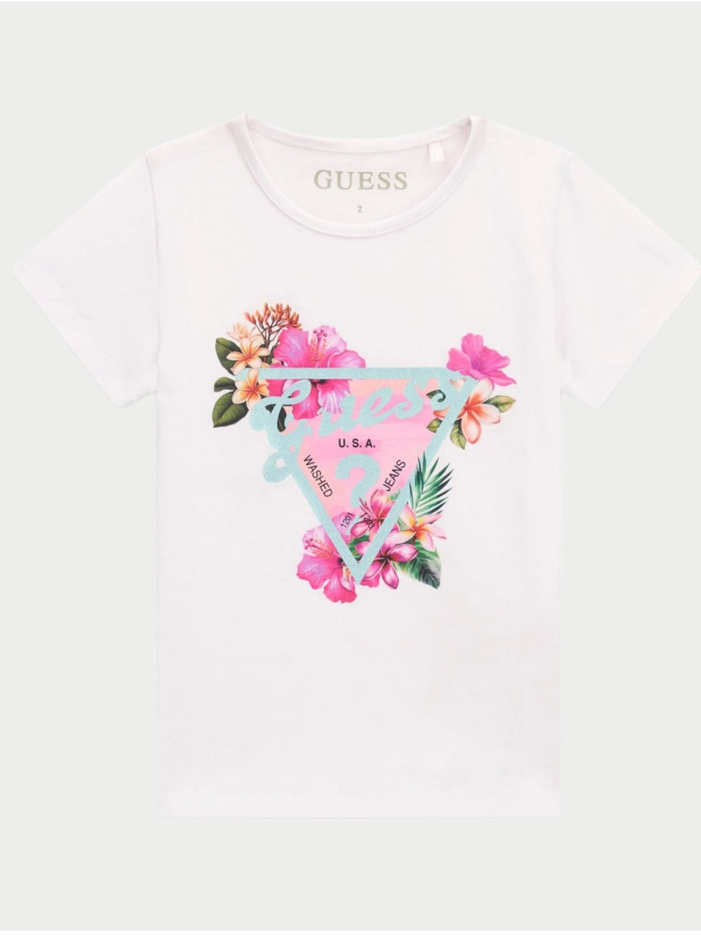 T-shirt bambina Guess in cotone stretch con stampa logo e motivo floreale – 3/7 anni