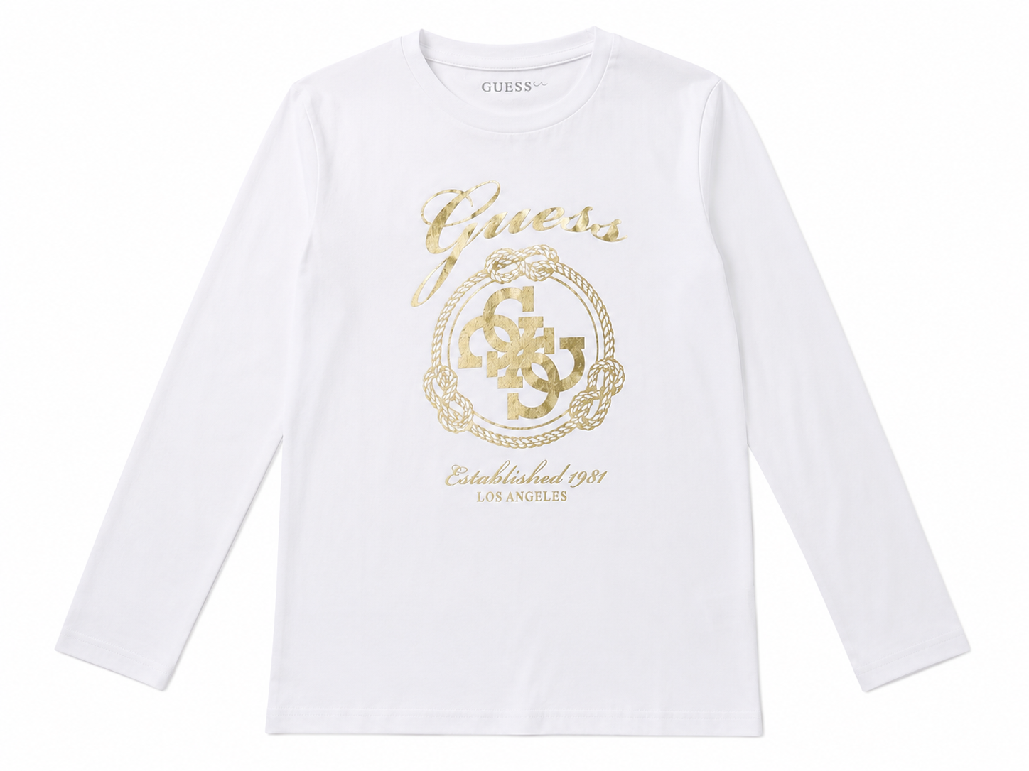 T-shirt Guess bianca a manica lunga con stampa logo oro | 8-16 anni | Nuova Collezione Autunno Inverno