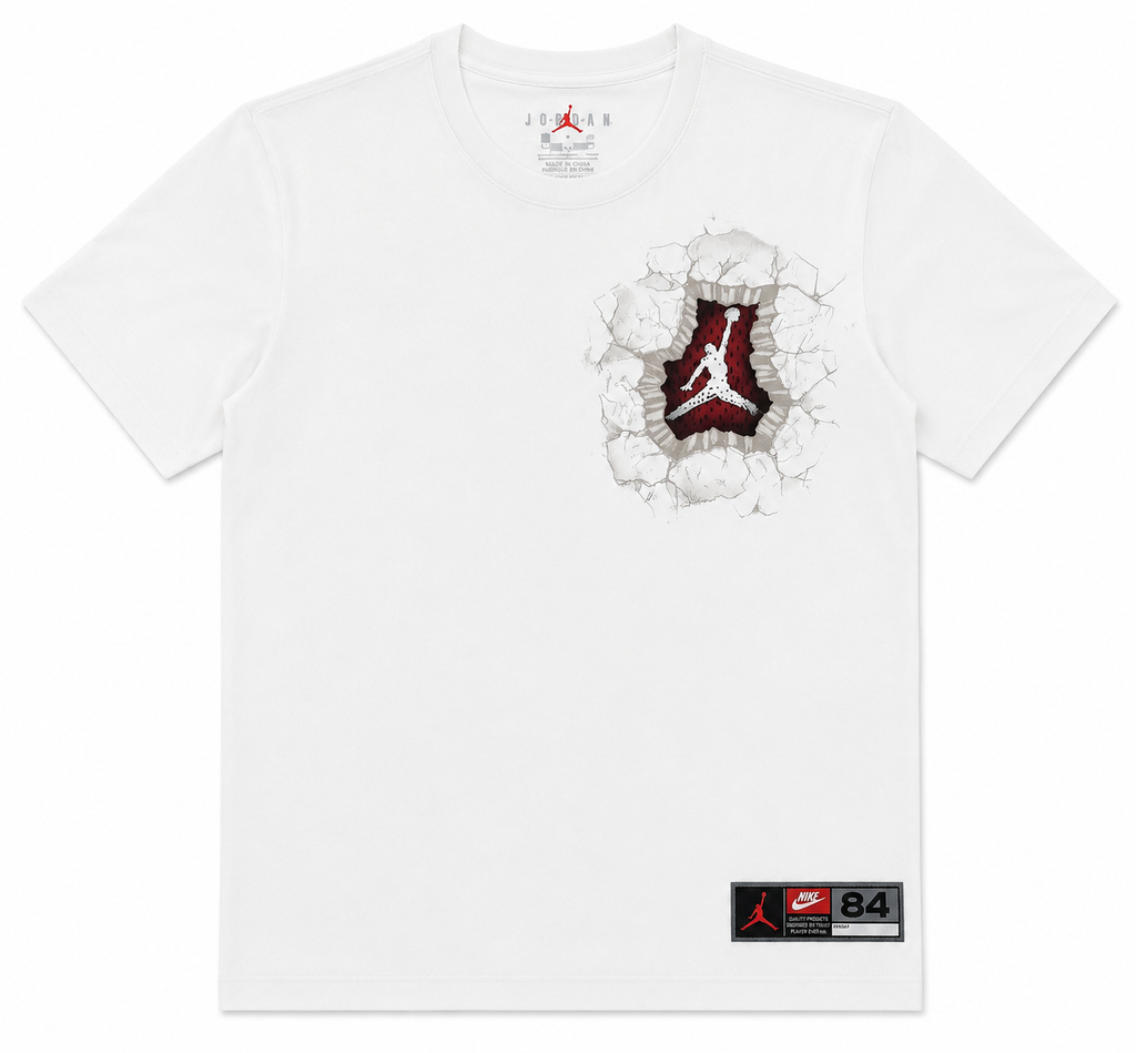 T-shirt Jordan ragazzo bianca in cotone con stampa frontale e retro effetto cracked – 8/16 anni